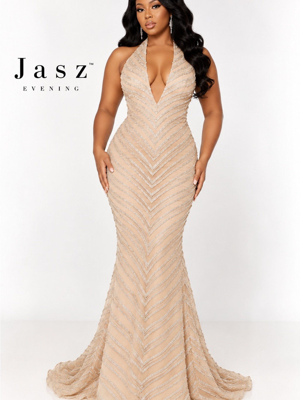 Jasz Evening Nude Beaded Halter Mermaid Gown